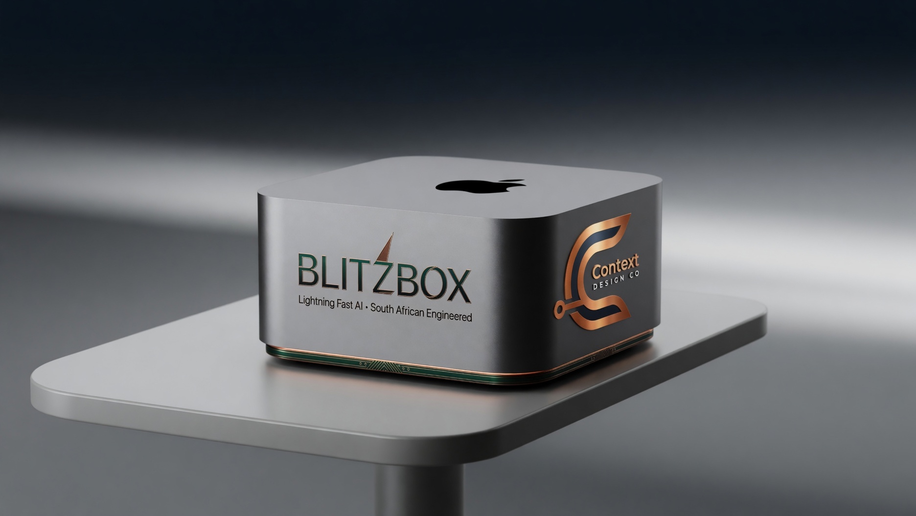 BlitzBox with the Context Design Co face visible, on a polished steel pedestal