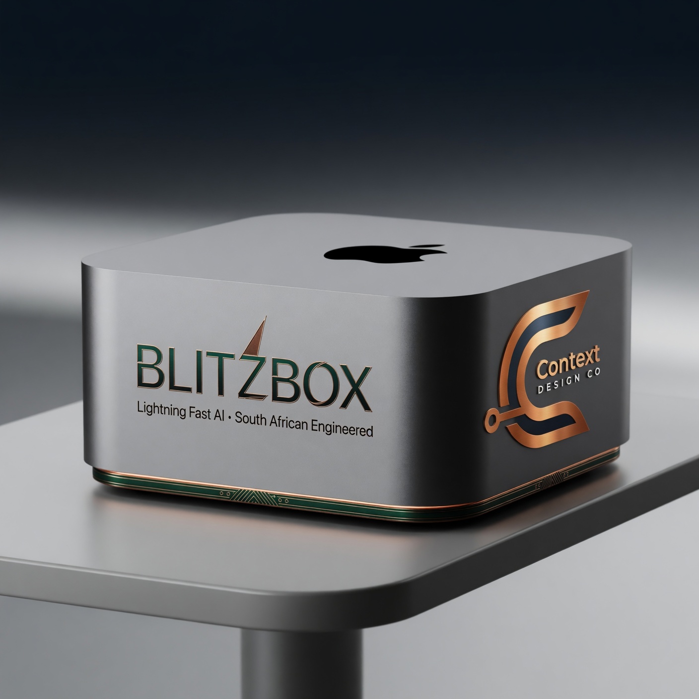 BlitzBox on a polished steel pedestal — light, premium, single SKU