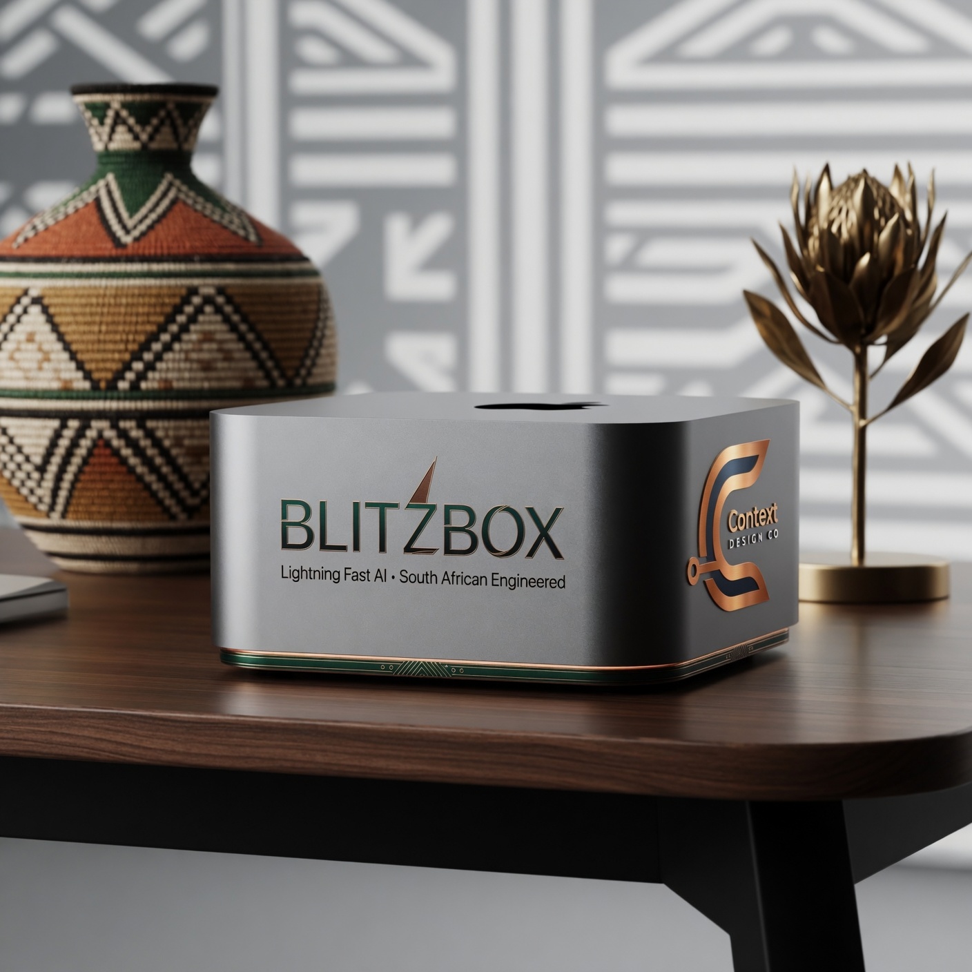 BlitzBox on a dark wood desk, with a gold protea sculpture and a traditional African basket — South African engineering